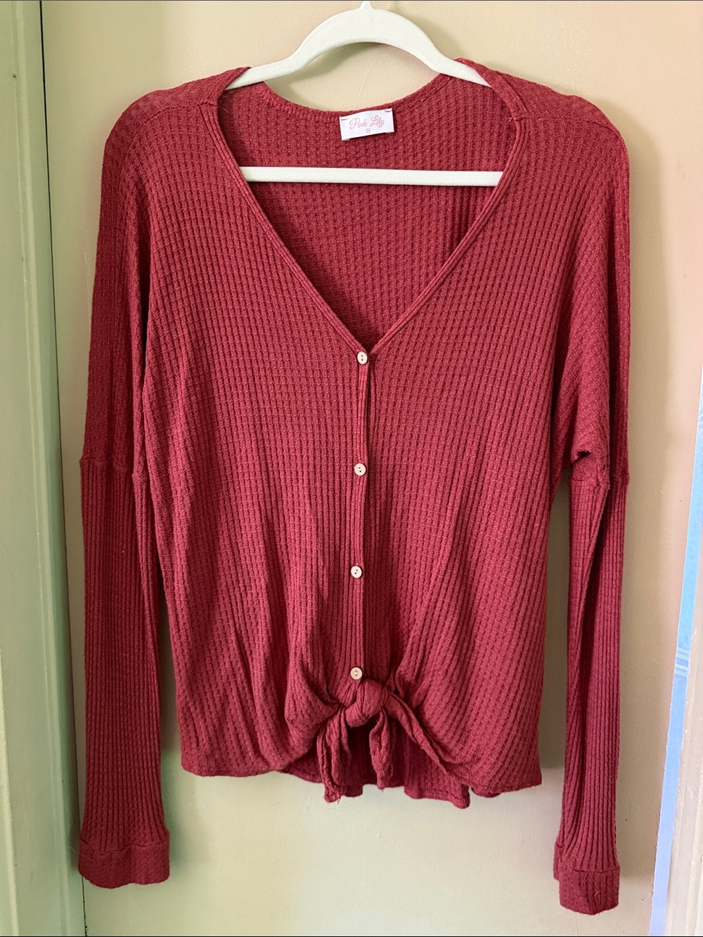 Pink Lily Just Be Beautiful Cinnamon Waffle-Knit Button Blouse